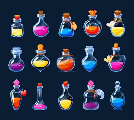 Cartoon-Alchemie-Flaschen. Zaubertrank und Liebeselixier sind UI-Ikonen, buntes Gift und Gegengift in verschiedenen Fläschchen und Ampullen. Vektor-GUI-Alchemistentränke Set. Chemische Flüssigkeit oder Heilgetränk