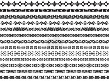 Téléchargez les illustrations : Frontière aztèque. Éléments décoratifs mexicains traditionnels géométriques, cadre indigène ethnique style boho. Collecte isolée vectorielle. Ancien motif tribal, collection de symboles navajo - en licence libre de droit