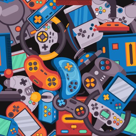 Arcade game pattern. Seamless print of vintage video console cartoon style, retro videogame controller joystick device elements for textile design. Vector texture for children. Electronic gadgets