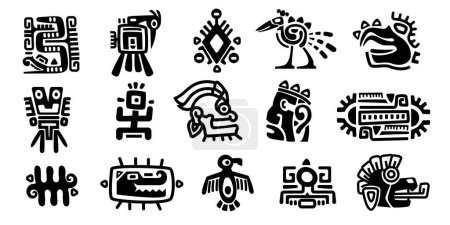 Illustration pour Des symboles mayas. Ancienne civilisation personnages totem religieux, icônes monochromes de mexicain indien aztèque inca indigène. Ensemble isolé vectoriel. Différentes formes tribales, animaux et masques - image libre de droit