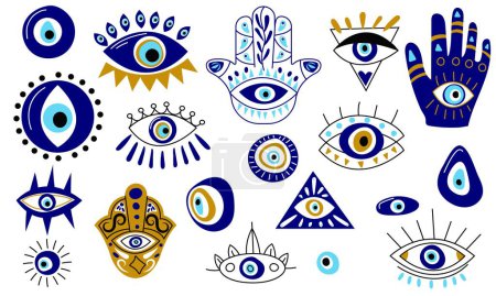 Turkish eye collection. Abstract cartoon blue evil eye Hamsa magic icons, fantasy esoteric talisman protection. Vector contemporary set. Spiritual and sacred items, religious amulets