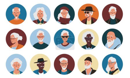 Illustration for Senior people avatars. Cartoon older characters round icons, happy aged men women faces, pensioner portraits for social media. Vector isolated set. Female and male smiling pensioners - Royalty Free Image