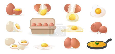 Cartoon eggs set. Broken egg raw yolk eggshell protein, fresh farm cooking natural ingredients in container, healthy organic food concept. Vector isolated set. Packing with organic ingredients
