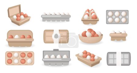 Illustration for Eggs in boxes. Chicken fresh organic food in cardboard container cartoon style, package of cooking ingredients broken eggshell protein raw yolk. Vector set. Open and closed packaging - Royalty Free Image