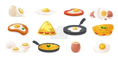 Gekochte Eier. Roh gekocht gebackene gefüllte Backmehl Rührei Omelette pochiert, Cartoon Bio-Bauernhof Lebensmittel gesundes Frühstück. Vektorsammlung. Eierbestandteil für hausgemachte Snacks, kulinarisch
