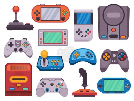 Illustration for Video game devices. Old retro joystick gamepad flat icons, cartoon hipster classic gadget console for gamers and pc geeks. Vector isolated collection. Portable gaming technology for entertainment - Royalty Free Image
