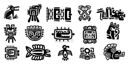 Illustration for Mexican gods symbols. Abstract aztec animal bird totem idols, ancient inca maya civilization primitive traditional signs. Vector collection. Indigenous culture symbols and mythic rituals - Royalty Free Image