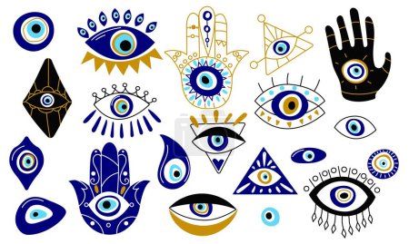 Doodle böse Augen. Cartoon traditionelle türkische Glück Amulette zeitgenössischen Stil, magische Hamsa Hand Talisman spirituelle esoterische Souvenirs. Vektorsatz. Religiöse Geheimnisse zum Schutz