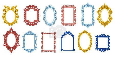 Illustration for Doodle mirror frames. Antique ornate decorative borders, modern elegant maiden photo frame design cartoon style. Vector isolated collection. Borders with romantic filigree swirls and embellishments - Royalty Free Image