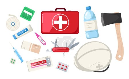 Illustration for Emergency kit. Cartoon survival evacuation equipment with medical pills flashlight helmet bottle, preparedness first aid tools. Vector isolated collection. Treatment or assistance for urgent situation - Royalty Free Image