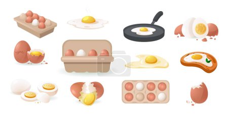 Illustration for Cartoon chicken eggs. Cooked boiled fried egg with yellow yolk cracked eggshell protein, delicious organic ingredients for healthy breakfast. Vector set. Cooking meal on pan, carton packing - Royalty Free Image