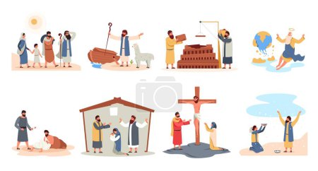 Illustration for Christians stories. Holy bible parable and characters cartoon flat style, christian religious scenes with God messiah prayer Noah prophet. Vector collection. Christ birth in manger legend - Royalty Free Image