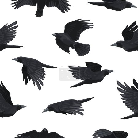 Téléchargez les illustrations : Modèle de corbeau. Impression sans couture de corbeaux volants noirs, fond de silhouette de tour pour la conception textile de papier d'emballage de tissu. Texture vectorielle gothique. Personnages d'oiseaux flottant, faune - en licence libre de droit