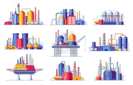 Oil industry constructions set. Petrochemical industrial buildings oil refinery factory icons, coal mining processing manufacturing objects. Vector collection. Resources for production and warehouses
