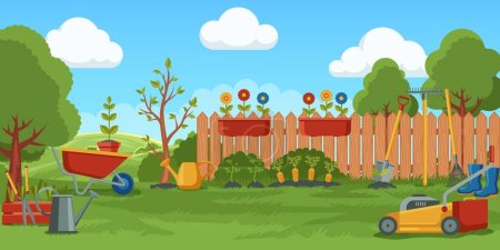 Spring Gardening Hintergrund. Cartoon-Dorflandschaft mit Gartengeräten, Frühlingspanorama-Banner entwerfen landwirtschaftliches Pflanzkonzept. Vektorillustration. Holzzaun mit Blumen und Ausrüstung
