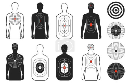 Human target. Shoot range paper with man silhouette, bullet pistol gun shot for firearm bow military props darts board. Vector isolated collection. Practicing aim shooting or firing