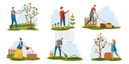Illustration for People gardening. Cartoon characters working with farmer tools cultivating plants, agriculture workers landscaping garden flat style. Vector colorful set. Man cutting tree branches, planting - Royalty Free Image