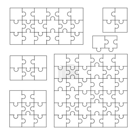 Illustration for Puzzle shapes. Blank jigsaw pieces match together and separated for game design, group of tile elements teamwork problem solution process. Vector set. Matching pieces, logic solution - Royalty Free Image