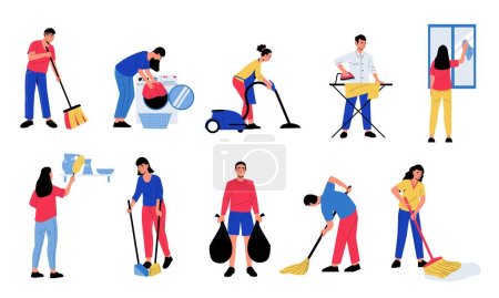 People cleaning up. Cartoon abstract characters doing housework ironing washing window, vacuuming, making bed. Vector housekeeping set. Man and woman doing household chores, domestic activities