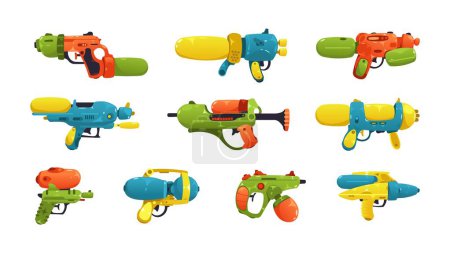 Wasserpistole Cartoon. Kinderspielzeugwaffen, comichafte Kunststoff-Handfeuerwaffen für das Sommerspiel, glückliche Kindheit. Vektor isolierte Menge. Kunststoffpistolen zum Spielen, Schießwerkzeuge