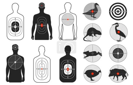 Target silhouettes. Shooting range bullseye aim animals human shapes for military practice training competition, flat gun shot goal with hit point. Vector set. Darts board challenge