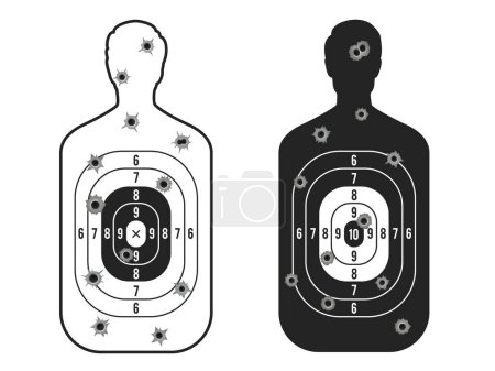 Illustration for Shot target. Human silhouette with bullet circular holes, military props of hitman shape with gunshot outlet for weapon practice training. Vector isolated illustration. Competition in shooting - Royalty Free Image