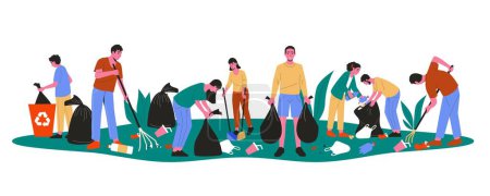 Illustration for Volunteers cleaning up parks. Cartoon people characters collecting litter picking plastic waste raking garbage, eco voluntary activist. Vector flat illustration. Man and woman with rubbish bags - Royalty Free Image