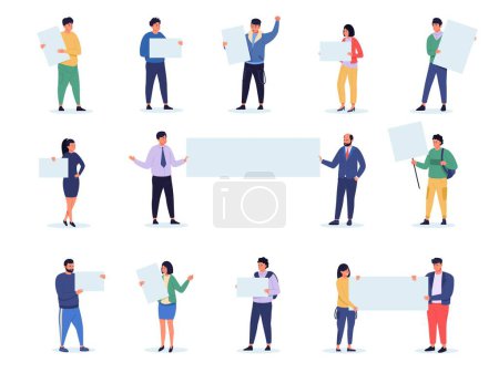 Illustration for People with banners. Cartoon characters holding blank boards, activists with placards protest demonstration meeting concept. Vector collection. Political demonstration with posters - Royalty Free Image