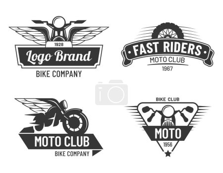 Téléchargez les illustrations : Ensemble de badges de moto, moto club coureurs rapides. Illustration du club moto, badge moto motard et vecteur emblème - en licence libre de droit