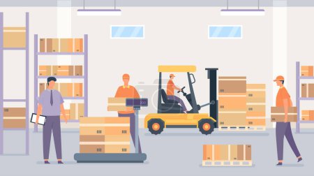 Illustration for Wholesale stockroom, workers in storage room organize crates. Vector of warehouse and distribution, delivery cargo illustration, pallet goods - Royalty Free Image