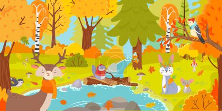 Téléchargez les photos : Forêt d'automne. Paysage naturel avec arbres et feuilles tombantes et animaux sauvages comme l'écureuil, le cerf, le lièvre, la souris, le hérisson et le castor. Grumes sur l'eau, illustration vectorielle de scène boisée colorée - en image libre de droit