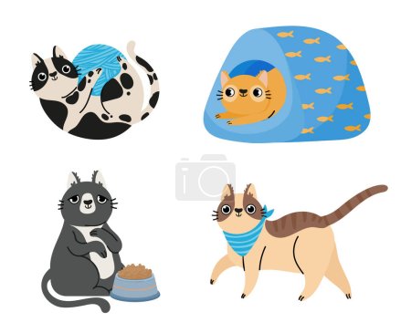 Illustration for Cartoon cats. Cute animals sitting, lying in bed, walking and playing with ball of yarn. Pets eating and relaxing. Funny furry domestic characters in different positions isolated on white vector set - Royalty Free Image