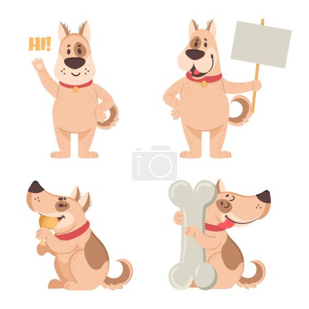 Comicgeschnittenes Hundemaskottchen. Lustige einheimische Figuren, die leere Plakate oder Banner zum Protest halten, winken und Hallo sagen. Welpen essen Hühnerfleisch und umarmen große Knochen isolierten Vektor-Set