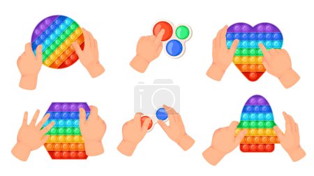 Dibujos animados arco iris pop burbujas de juguete. Juguetes sensoriales relajantes para niños. Manos sosteniendo colorido juego anti estrés de diferentes formas. Simple entretenimiento hoyuelo para niños conjunto de vectores aislados