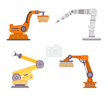Illustration for Factory robot arms. Automatic technology for manufacture industry. Mechanic control equipment carrying or loading box packages to storage. Innovative machinery for production isolated vector set - Royalty Free Image