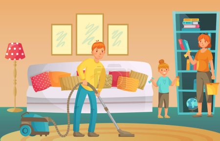 Family housework. People cleaning living room together. Father vacuuming floor, mother and daughter dusting shelf with books. Parents and kid doing household chores vector illustration