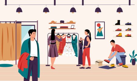 Illustration for Fashion boutique. People choosing goods in clothing store. Woman choosing dress and consulting with seller. Man putting shoes on. Female and male characters shopping vector illustration - Royalty Free Image