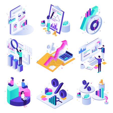 Financial audit. Budget graph, report data. Workers inspecting or analyzing graphs, charts and diagrams. Employees doing calculations and audit, business management isolated 3d isometric vector set
