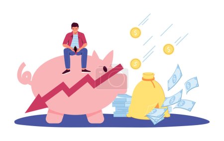 Illustration for Financial crisis. Poor man sitting on piggy bank and opening empty wallet. Male character loosing money. Economic decline with falling graphs concept. Bankruptcy or debt problems vector - Royalty Free Image