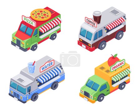 Illustration for Isometric food trucks selling pizza, hot coffee, water and organic vegetables and fruit. Snacks and drinks retail sale outdoor. Takeaway refreshments in car vehicles, street food isolated vector set - Royalty Free Image