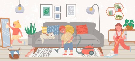 Illustration for Kids doing housework in living room. Boy vacuuming carper, girls wiping mirror and washing floor with mop. Children doing household chores together, cleaning home vector illustration - Royalty Free Image