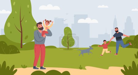 Illustration for Man spend time with children. Person holding daughter on shoulder, dad running with son and playing with dog. Fatherhood entertainment. Parent and kids walking in park vector illustration - Royalty Free Image