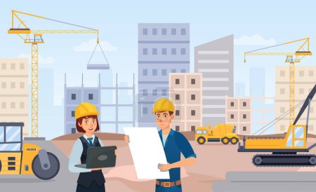 Manager and architect discussing project on paper. People wearing helmets on construction site and standing in front of building block of flats. Engineering plan vector illustration