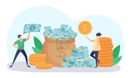 Illustration for Tiny people putting coins and dollar banknotes into big sack full of money. Man and woman saving or investing cash. Female and male characters earning income from business vector illustration - Royalty Free Image