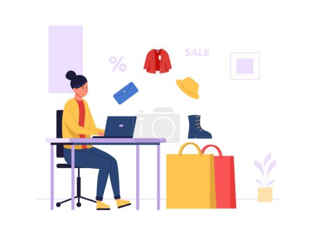 Illustration for Online shopping. Woman sitting a desk with laptop and buying different goods. Female character purchasing wallet, jacket, boots and hat on sale and adding to paper bag vector illustration - Royalty Free Image