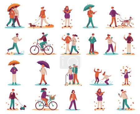 Illustration for People walking under autumn rain. Man and woman going with umbrella, couple spending time outdoor and drinking coffee, girl and boy riding bicycles, children jumping in paddle vector set - Royalty Free Image