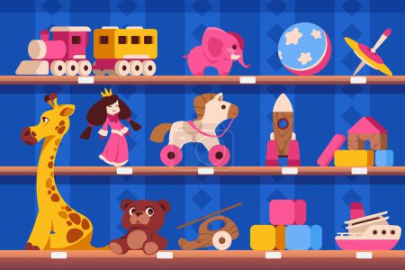 Shelf with toys. Nursery room shelf with colorful wooden train, horse, rocket helicopter ship and bricks. Kindergarten or toyshop interior. Cartoon items for kids entertainment vector