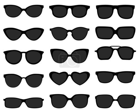 Illustration for Black sunglasses icon set. Dark optic glasses and frames isolated on white. Back lens with stylish plastic rims of different shapes as oval, square and heart for vacation or summer period vector - Royalty Free Image