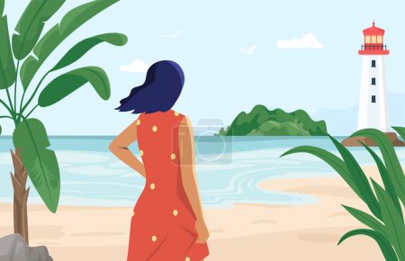 Illustration for Person enjoying nature concept. Woman looking at lighthouse and thinking. Beautiful summer landscape with seashore and water. Female character on vacation, traveling vector illustration - Royalty Free Image
