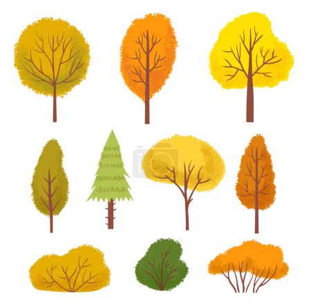 Illustration for Yellow autumn trees. Colorful green and orange park or forest trees and bushes cartoon vector. Seasonal plants with foliage. Bright nature elements of different shape isolated on white set - Royalty Free Image